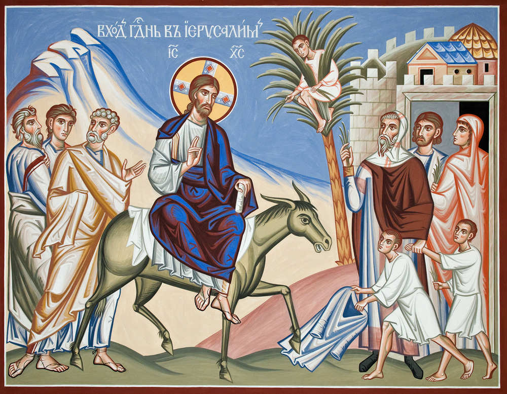 Einzug in Jerusalem / Rupprecht@kathbild.at, Franz Josef Rupprecht Einzug in Jerusalem - Palmsonntag, Jesus reitet auf einem Esel; Ikone, Wandmalerei in der russisch-orthodoxen Kathedrale; Zach?us